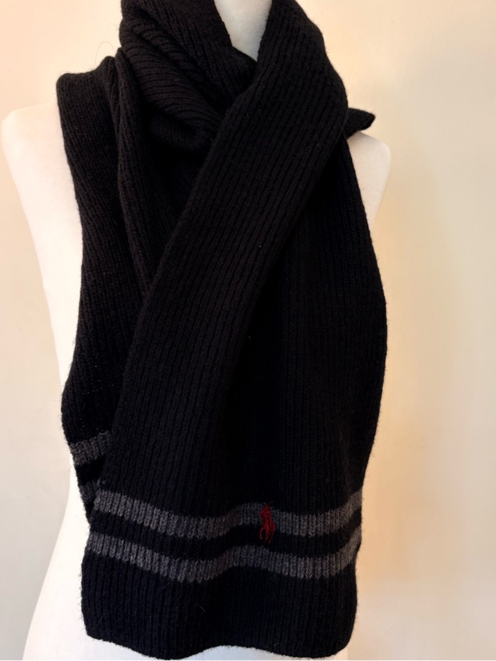 Polo by Ralph Lauren Black Knit Scarf with Gray Stripes Burgundy Logo NWT